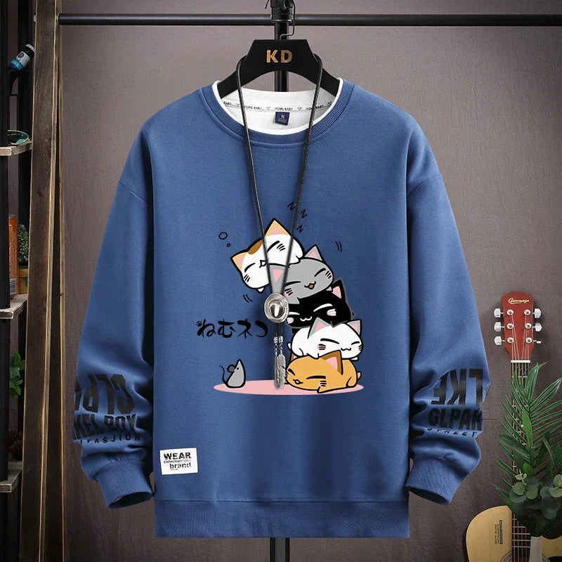Spring Men's Sweatshirt Japan Cartoon Cats Printed Long Sleeve T-shirt Fashion Men's Clothing Khaki O Neck Harajuku Top 2024 New ND047-Blue