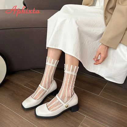 Aphixta Low Heels Mary Janes Square Heels Patent Leather Pumps Shoes Woman Classics Dress Official Pumps Party Plus Size 43 Beige