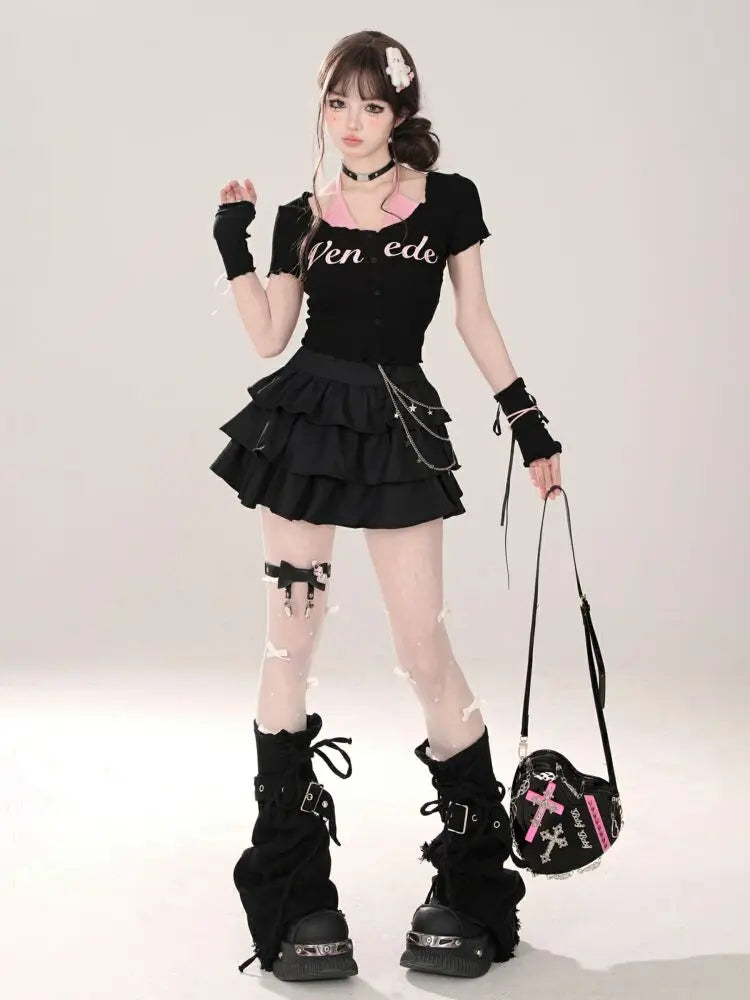 Women Black Gothic A-line Cake Skirt Vintage Y2k Skirt Aesthetic Harajuku Korean Elegant Kawaii Emo Skirts 2000s Trashy Clothes