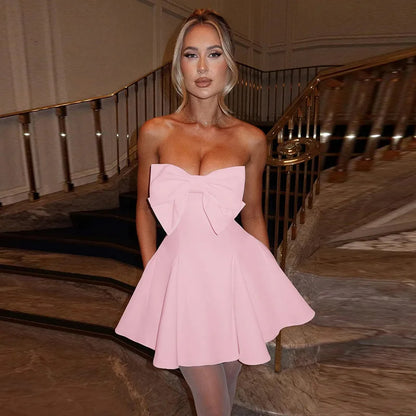 Sexy Strapless Bow Short White Dress Womens Off Shoulder A-line Luxury Black Mini Dresses Elegant Backless Gowns Birthday 2025 pink