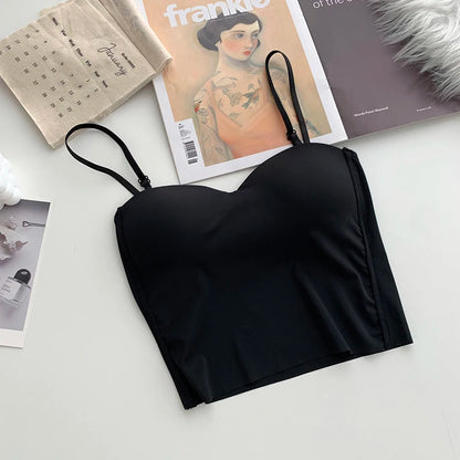 ITOOLIN Fashion Backless Tank Tops Cute Crop Tops For Women Slim Elastic Camisole Ice Silk Women Spaghetti Camis With Bra Pad BLACK One Size