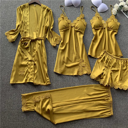 Pajamas Five Piece Set Sexy Lace Trim Nightgown Nightwear Spring Summer Women Bath Robe Loose Silk Satin Home Wear Pijamas Suit