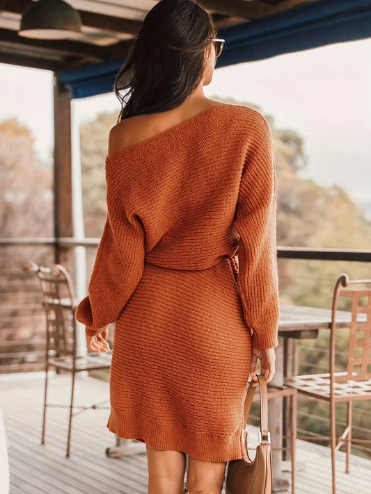 Women's Plain Tie Front Batwing Sleeve Sweater Dress, Elegant Asymmetrical Neck Long Sleeve Knit Dress for Fall and Winter Badiee Stylez