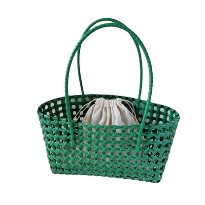 Plastic Hollow Weave Bag Countryside Style Bohemian Style Beach Tote Bag Large Capacity Bucket Bag Vegetable Basket Bag Green with Lining