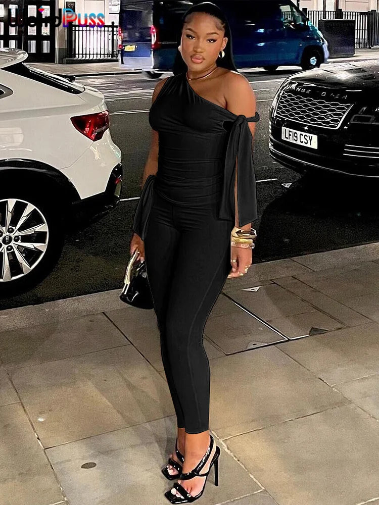 Weird Puss Chic Elegant 2 Piece Set Women Tracksuit Skew Collar Ribbon Tank Tsop+Leggings Casual Skinny Stretch Matching Outfits black