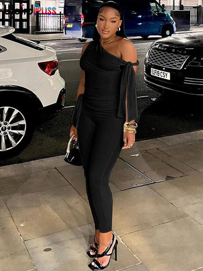 Weird Puss Chic Elegant 2 Piece Set Women Tracksuit Skew Collar Ribbon Tank Tsop+Leggings Casual Skinny Stretch Matching Outfits black