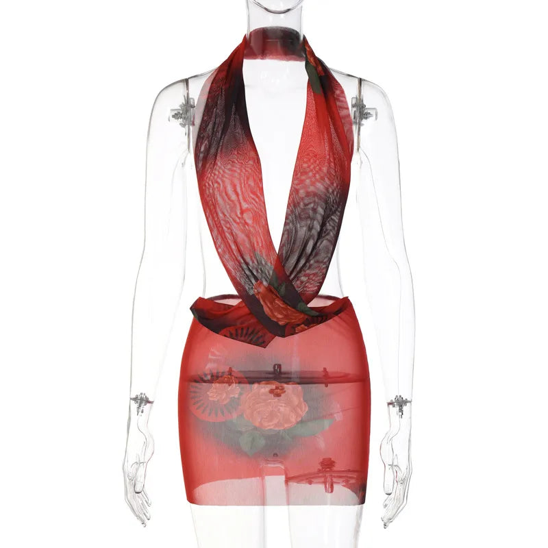 Combhasaki Womens Summer Beachwear Y2K Halter Deep V-Neck Sleeveless Backless Flower Tie-dye Print Bodycon Slim Short Mini Dress Red