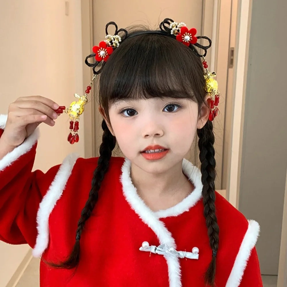 Glowing Hanfu Wig Headband Flower Tassel Chinese Style Luminous Lantern Headband Cute Red New Year Headdress New Year Dress Up