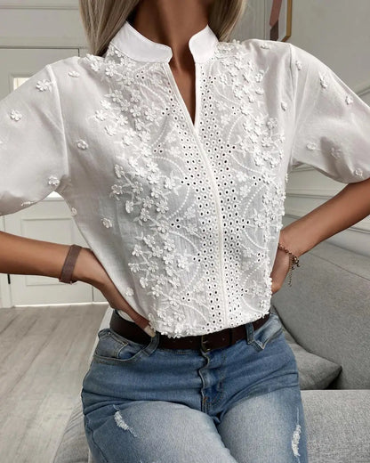 Summer Women's White Top Blouse New Fashion Elegnat V Neck Short Sleeve Casual Office Party Tops Shirts Female Lace Shirt