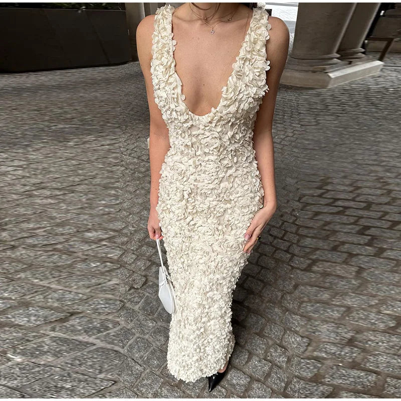 Sexy 3D Flower Deep V-neck Dress Women Slim Sleeveless Backless Split Hip Package Midi Dresses 2025 Spring Ladies New Vestidos Apricot
