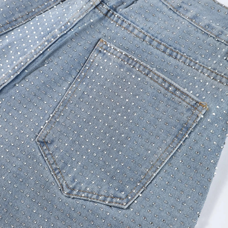 Y2k Women Shiny Rhinestone Denim Pants Wide Leg Straight Full Diamond Jeans for Female Dragging High Street Outwear Trousers