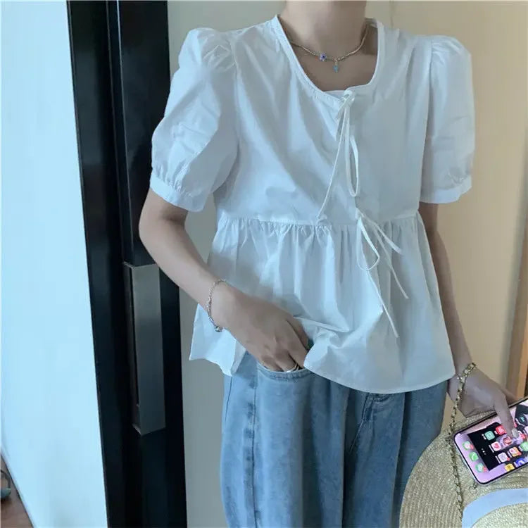 Ruffles Shirts and Blouses Korea Short Sleeve Top Women 2024 Summer Lace-up Sweet Blouses Cute Elegant Solid Sweet Folds Clothes