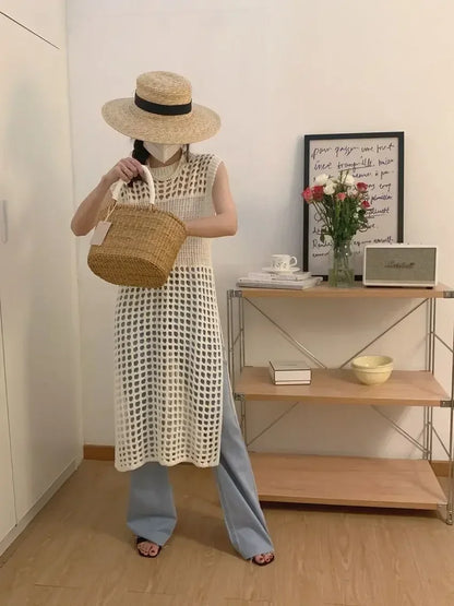 TKNOLEGE Knitted Dress Hollow French Style Fashion O-neck Out Design Sleeveless Solid Casual Tender Holiday Chic Ladies Dress ﻿