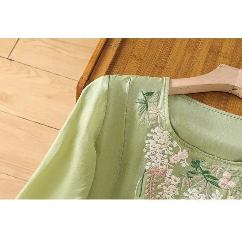 Thin Streetwear Vintage Clothes Ethnic Style Cotton Linen Shirts for Women Clothing Top Tshirt Tees Fashion Casual Embroidery