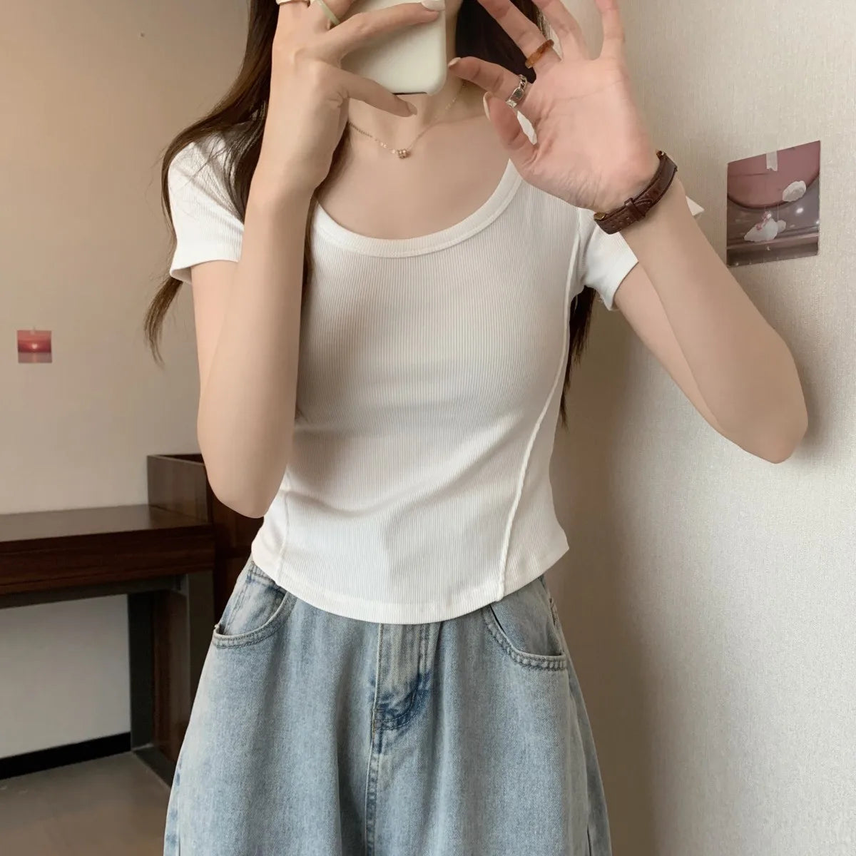 Y2K T-shirt Women V-neck Irregular Short Sleeve Crop Top New Korean Fashion Slim High Waist Solid Tee Shirt Woman Sexy Clothes