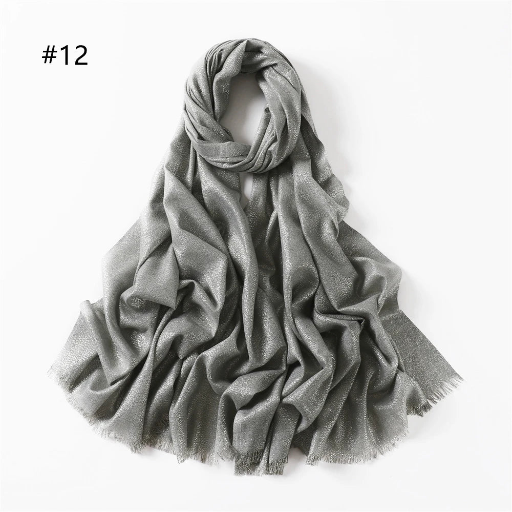 Lastest Brand Design Scarf Shiny Solid Color Shawls Rayon Fabric Gold Silk Silver Wire Head Shawl Fringe Hijab For Women