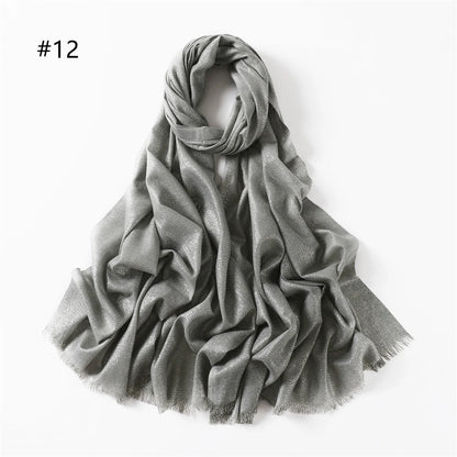 Lastest Brand Design Scarf Shiny Solid Color Shawls Rayon Fabric Gold Silk Silver Wire Head Shawl Fringe Hijab For Women