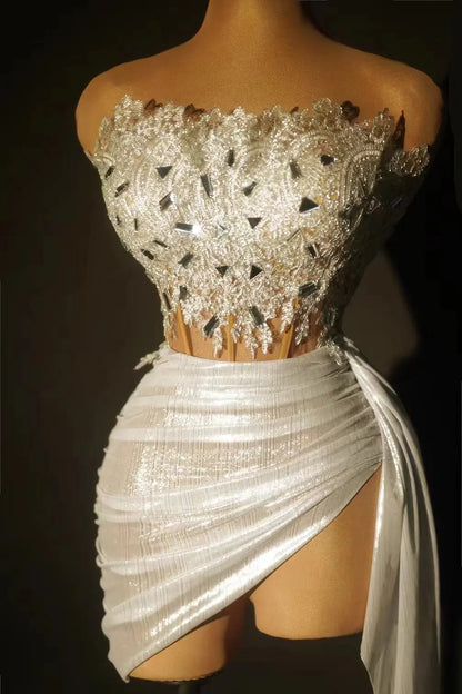 Gold Color Women Sexy 2 Pieces Strapless Bodycon Mini Dress Bar Singer Nightclub Party Celebrate Birthday Dress Wholesale