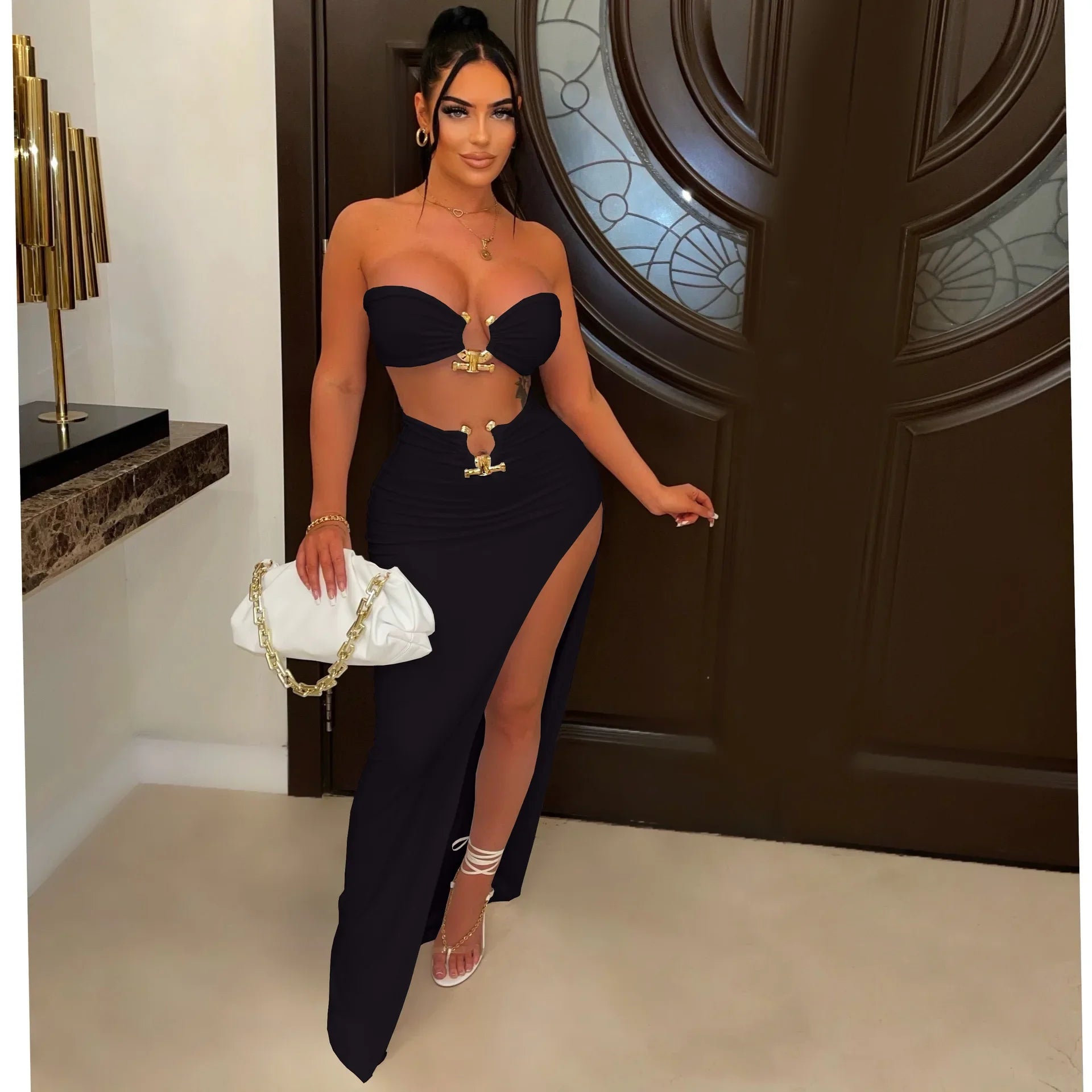 New Chic Gold Ring Bandeau Slit Skirt Two-Piece Set Womens Beautiful Off Shoulder Matching Skirt Set Nightclub Outfits Badiee Stylez