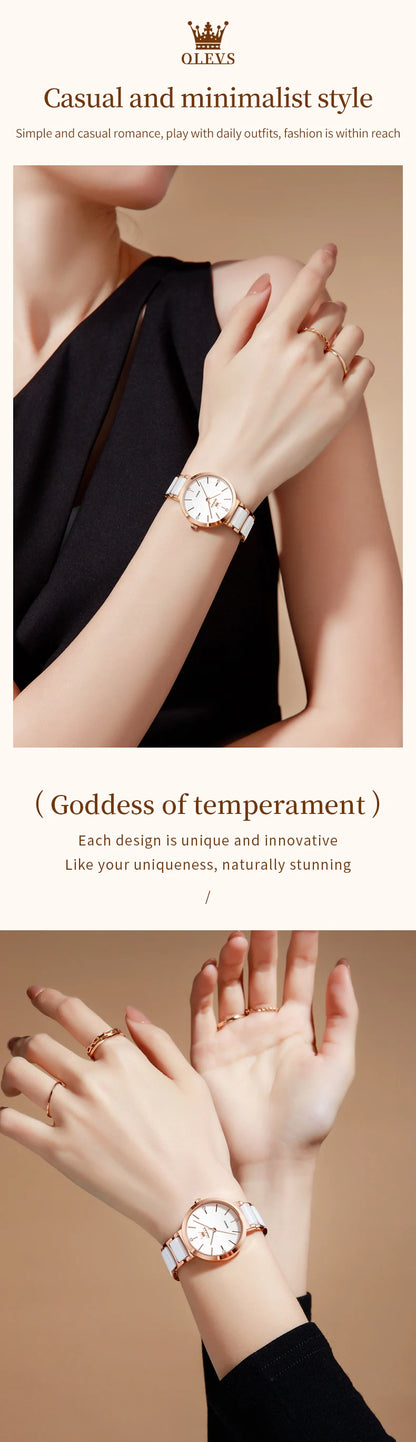 OLEVS 5877 Japan Quartz Movement Woman Watch Simple Elegant Luxury Rose Gold Ceramics Strap Waterproof Ladies Dress Wristwatch