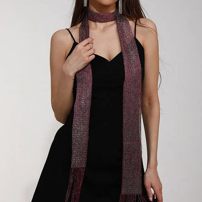 Fashion Lace Tassel Scarf Thin Long Glitter Bright Silk Sunscreen Shawl Shiny Lace Necklace For Women Party Evening Dress Scarf Purple