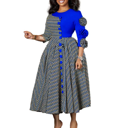 Elegant Dresses for Women 2025 Fall Fashion African 3/4 Sleeve Party Birthday New Robe Chic 3D Flower Plaid Evening A-Line Dress Badiee Stylez