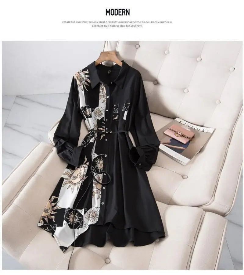 Print Vintage A-Line With Belt Loose Polo Neck Women's Dress Single-Breasted Knee Length Dresses For Women Clothing 2024 Fashion