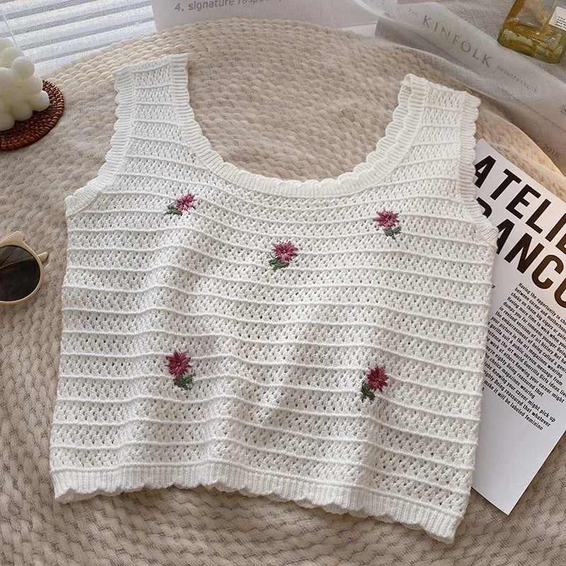 Women Summer Flower Embroidered Knit Tank Tops O-Neck Sleeveless Sweet Camisole Crochet Outer Wear Vintage Loose Inner Crop Tops