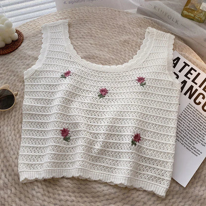 Women Summer Flower Embroidered Knit Tank Tops O-Neck Sleeveless Sweet Camisole Crochet Outer Wear Vintage Loose Inner Crop Tops