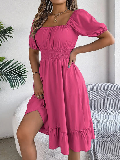 Spring and Summer Elegant High Waisted Dress Square Neck Short Sleeved Ruffled Edge Long Dresses for Women Badiee Stylez