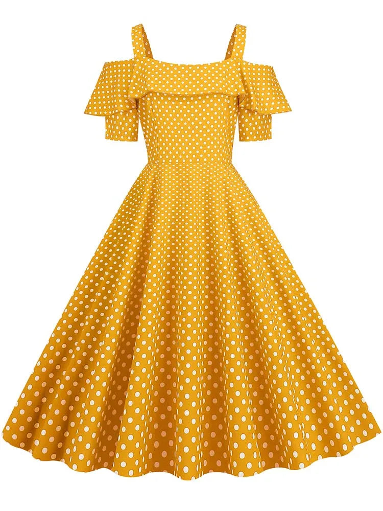Off the Shoulder Elegant Vintage Party Dress Women Summer Polka Dot Ruffles A Line Midi Dresses Badiee Stylez