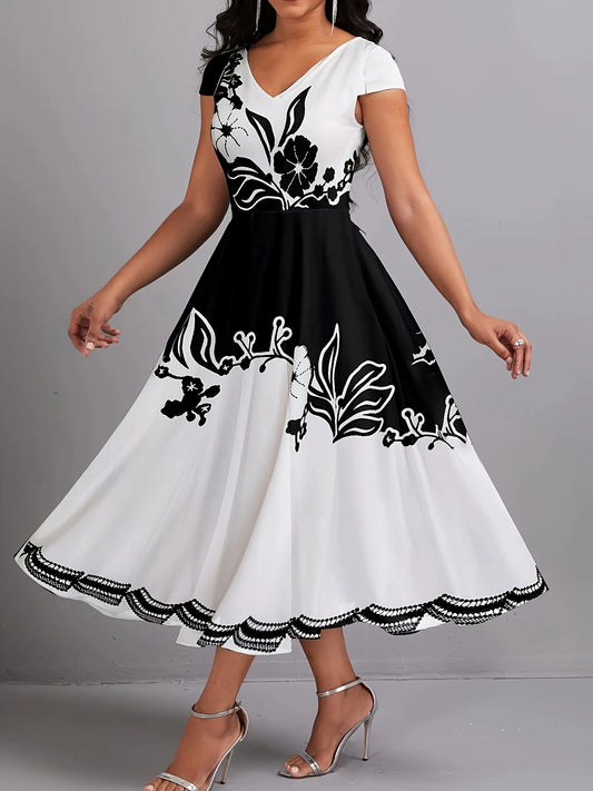 Plus Size Peplum Floral Print Dress - Elegant V-Neck, Short Sleeves, Scalloped Hem, Medium Stretch, Zipper Closure, Machine Wash black