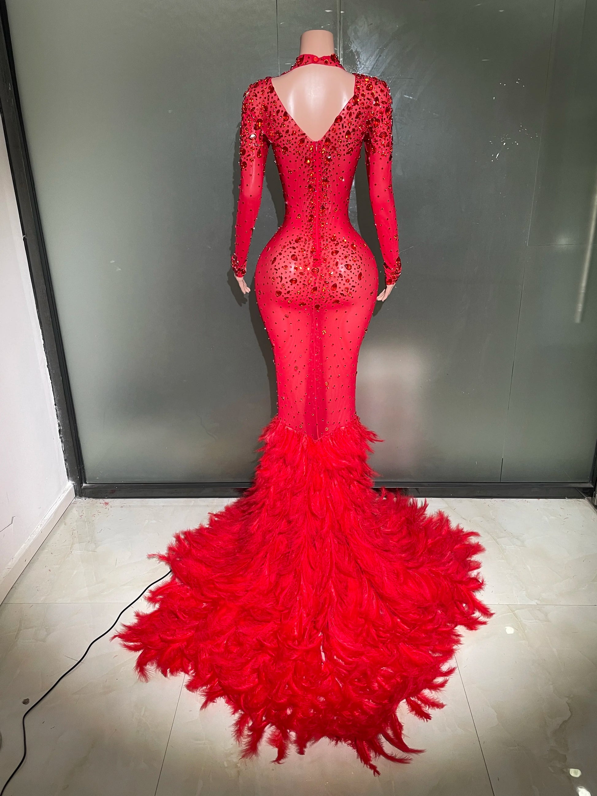 Luxury Sparkling Red Crystals Feathers Mermaid Long Sleeve Maxi Dress Women Formal Occasions Wedding Celebrate Party Prom Gown Badiee Stylez