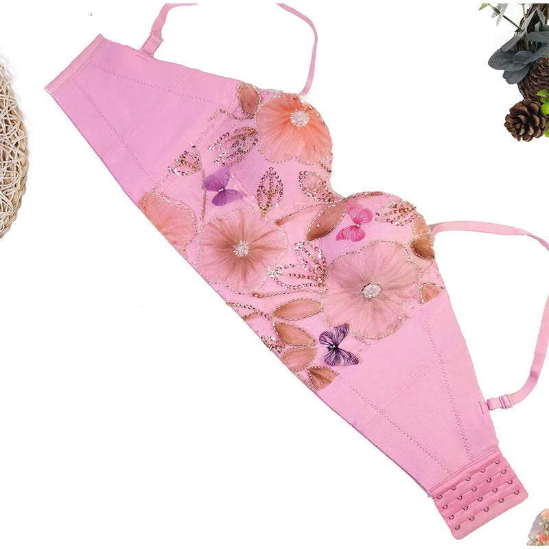 Flower Embroidery Bead Fish Bone Suspender Women Bra Sexy Exposed Waist Metal Buckle Top Party Vacation Female Tops 2025 Summer