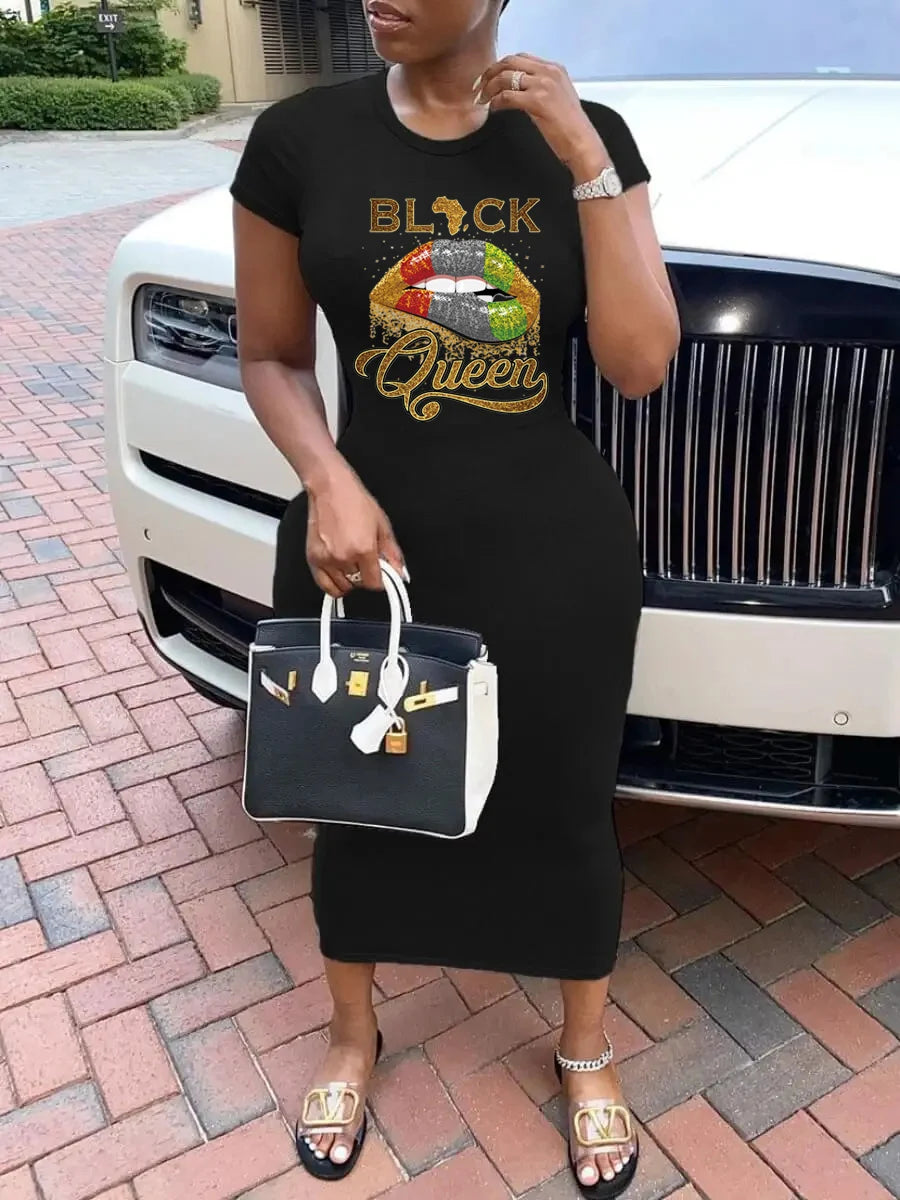 Summer black sexy dress women's red lip zipper print casual slim fit short sleeved round neck T-shirt mini dress