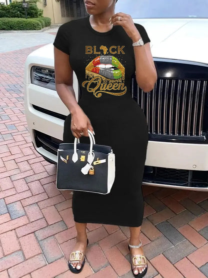 Summer black sexy dress women's red lip zipper print casual slim fit short sleeved round neck T-shirt mini dress