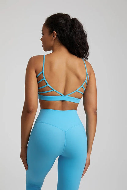 Open Back Sports Bra 8 Way Stretch Deep U Neck Bra Padded Fitness Top for Women Sky Blue
