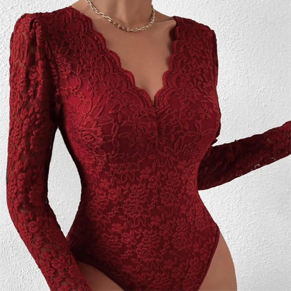 Slim Fit Bodysuit Elegant Lace Embroidered Bodysuit Deep V Neck Long Sleeve Playsuit Women's Slim Fit Spring Romper Lace