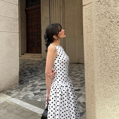 Fashion Polka Solid Slim Vestido Lady Elegant Chic Sleeveless Off Shoulder Pleat Square Neck Maxi Dress Summer Dinner Party Wear