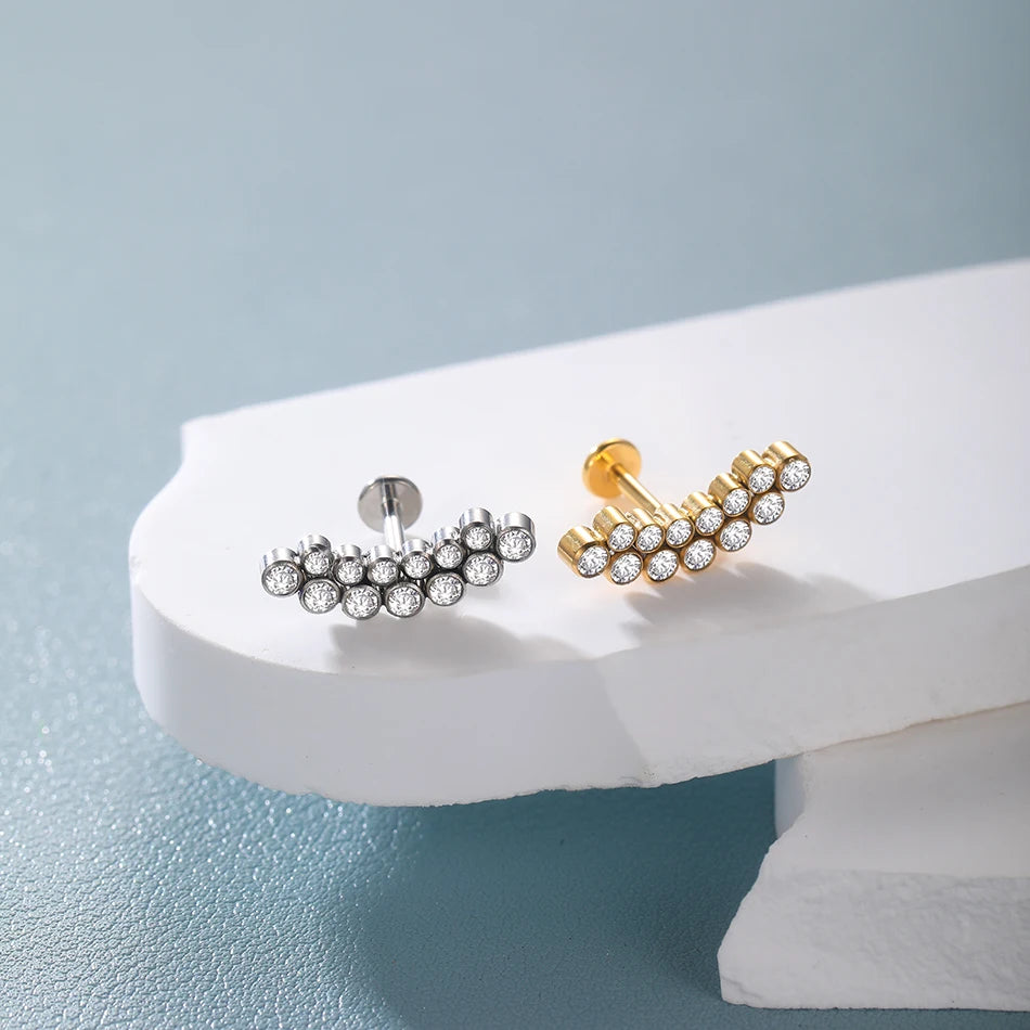 PVD Titanium PIERC Labret Stud Double CZ Paved Ear Cartilage Tragus Helix Earrings Lip Ring Daith Piercing Gift for Women