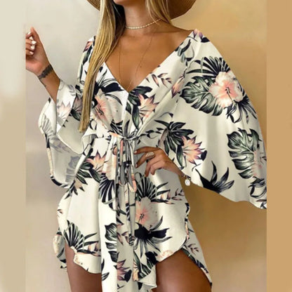 Women Print Dress Sexy V-Neck Bat Sleeve Ruffl Flowers Print Bohemian Beach Sundress Ladies Loose Summer Vacation Mini Dresses black
