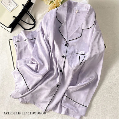 Women Long Sleeve Pajamas 2PCS Set Spring Summer New Sleepwear Loungewear Fashion Stripes Pyjama Pour Femme Loose Satin Homewear Purple Pajamas 21