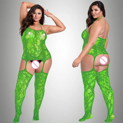 2024 New Plus Size Bodystocking Bodysuits For Women Sexy Fishnet Lingerie Babydoll Dress Porno Underwear Mesh Stockings For Sex Green Bodystocking One Size