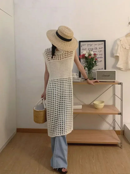 TKNOLEGE Knitted Dress Hollow French Style Fashion O-neck Out Design Sleeveless Solid Casual Tender Holiday Chic Ladies Dress ﻿