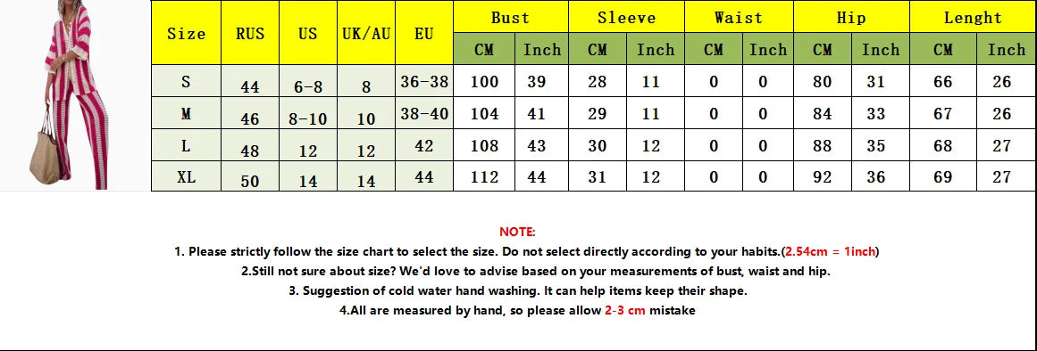 Women With Summer V-neck Button Top & Wide Leg Pants Suits Spring Crochet Hollow Knitted Set Woman 2 Pieces Striped Print