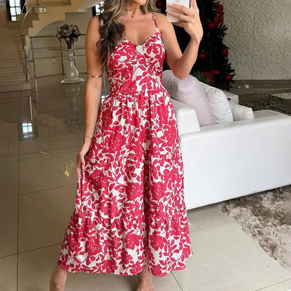 Bohemian Beach Sundresses For Women Fashion Floral Printed Sexy Sling Maxi Dresses Oversized Ladies Casual Long Dress Red