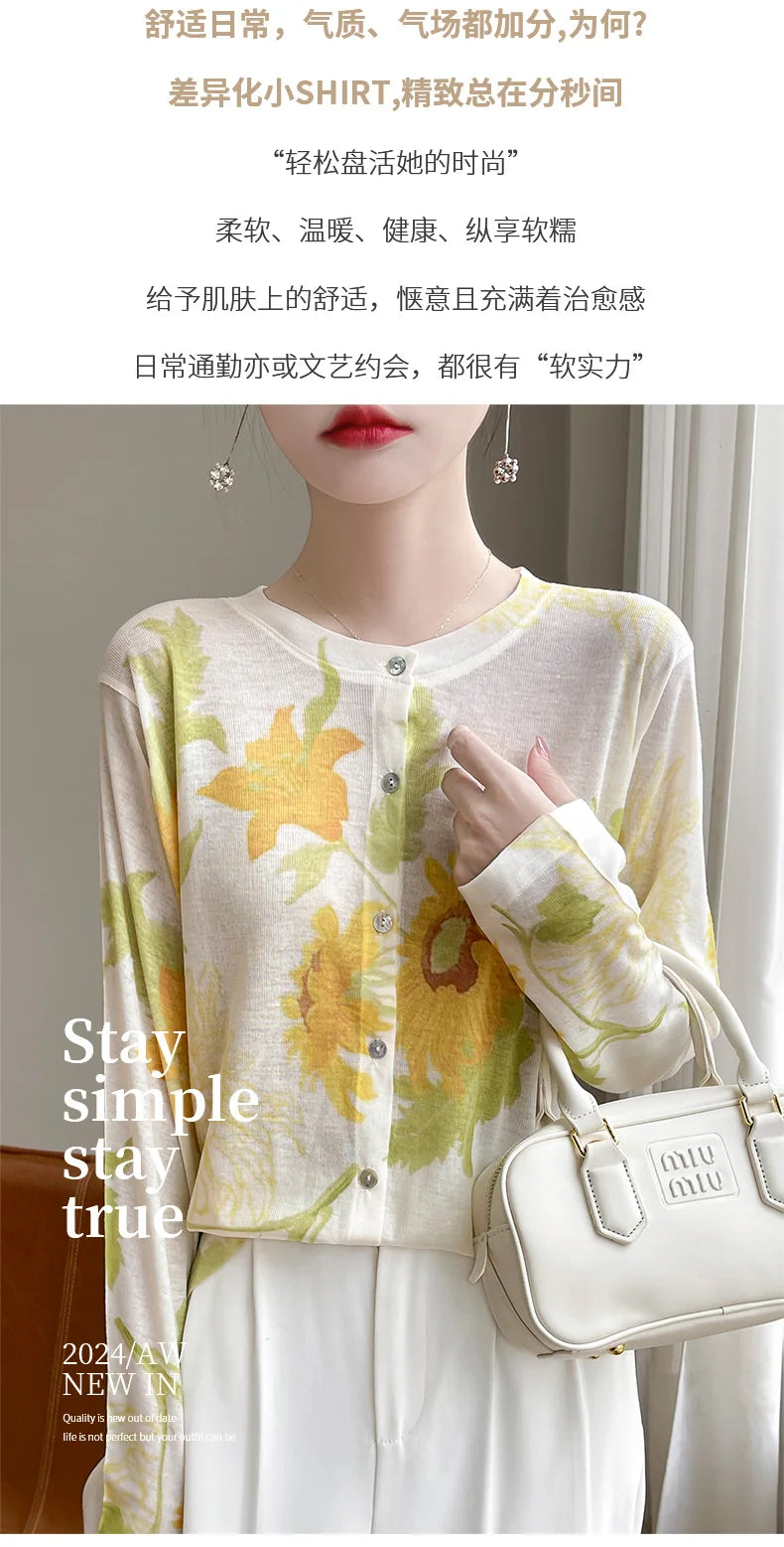 Spring And Summer New Lyocell Water-Soluble Wool Blended Round Neck Knit Cardigan Long Sleeve Feminine Sweater Printed Top