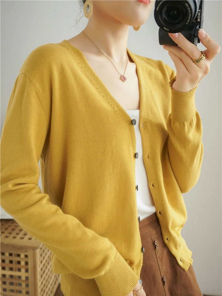 100% Cotton Line Long Sleeve V-Neck Knitted Cardigan Women Loose Short Solid Color Simple Sun Protection SMY K61