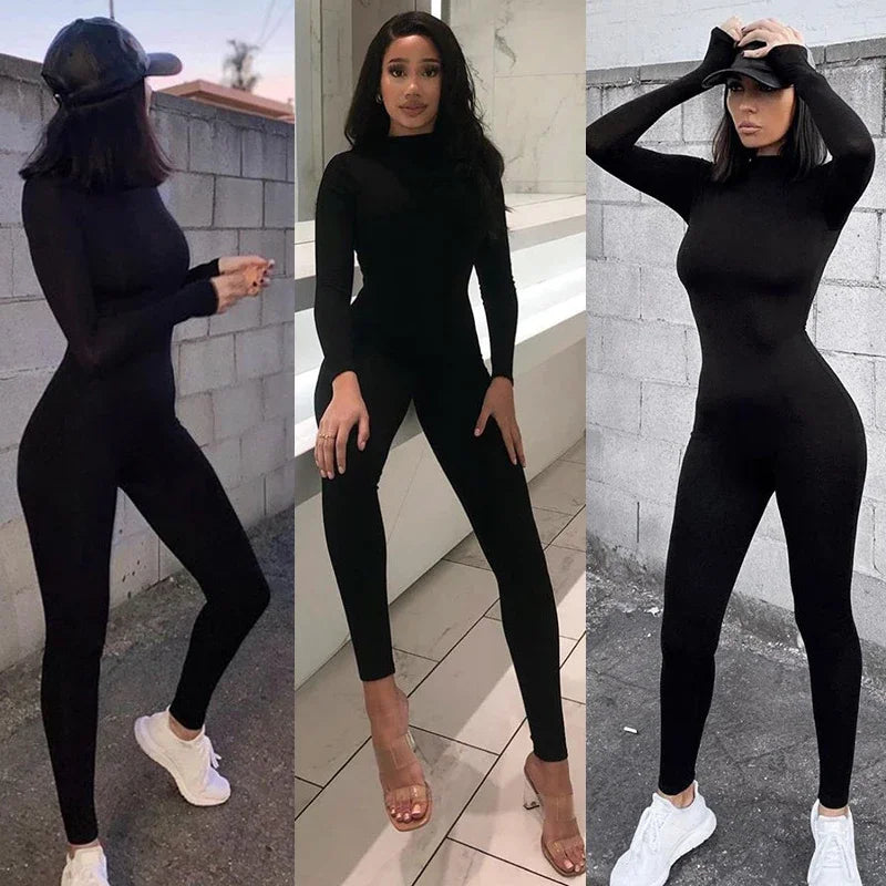 solid black/gray long sleeve skiing jumpsuit women elastic hight outfit fashion fitness sportwear slim rompers streetwear Badiee Stylez