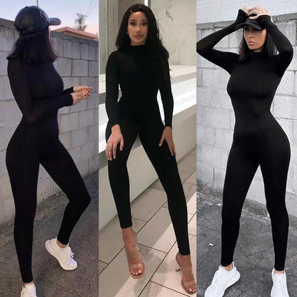 solid black/gray long sleeve skiing jumpsuit women elastic hight outfit fashion fitness sportwear slim rompers streetwear Badiee Stylez